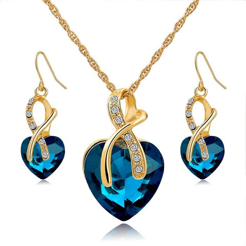 Crystal Heart Necklace Earrings Jewellery Set for Women - Blue