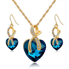 Crystal Heart Necklace Earrings Jewellery Set for Women - Blue