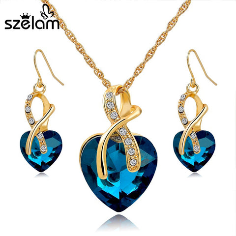 Crystal Heart Necklace Earrings Jewellery Set for Women - Blue