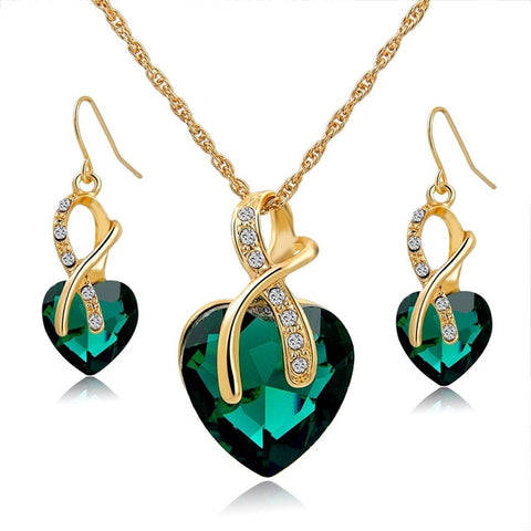 Crystal Heart Necklace Earrings Jewellery Set for Women - Green