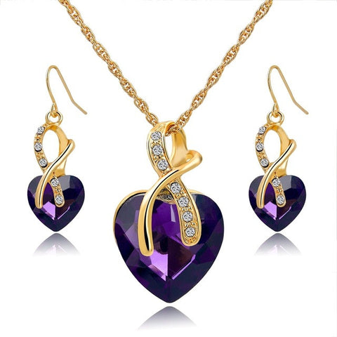 Crystal Heart Necklace Earrings Jewellery Set for Women - Blue