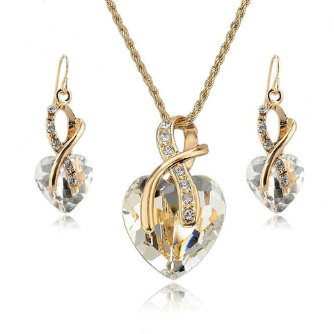 Crystal Heart Necklace Earrings Jewellery Set for Women - Silver
